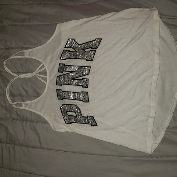 PINK Victoria's Secret Tops - RARE! PINK Victoria's Secret White Tank with Glitter Logo